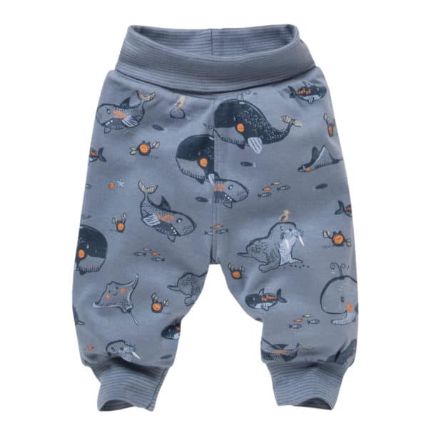 Pololo People Wear Organic Wendehose ozeanblau und weiß mit Tieren aus dem Meer , aus Bio-Baumwolle Clearance-Verkauf