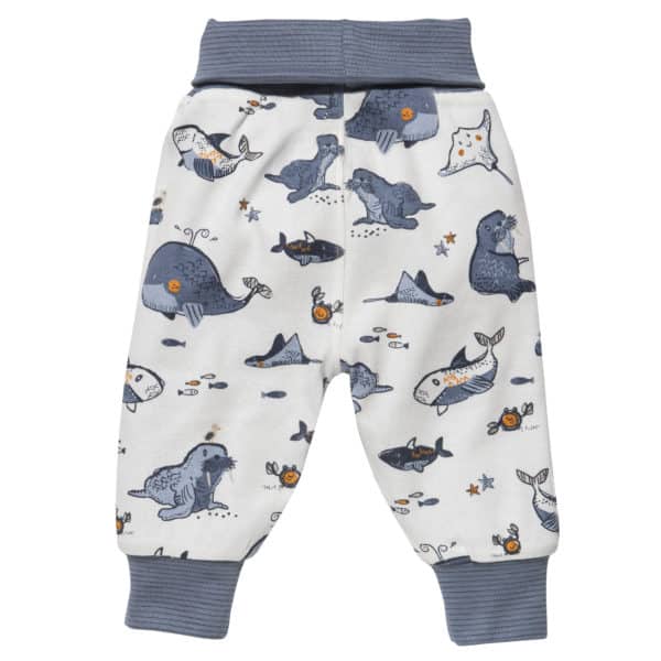 Pololo People Wear Organic Wendehose ozeanblau und weiß mit Tieren aus dem Meer , aus Bio-Baumwolle Clearance-Verkauf
