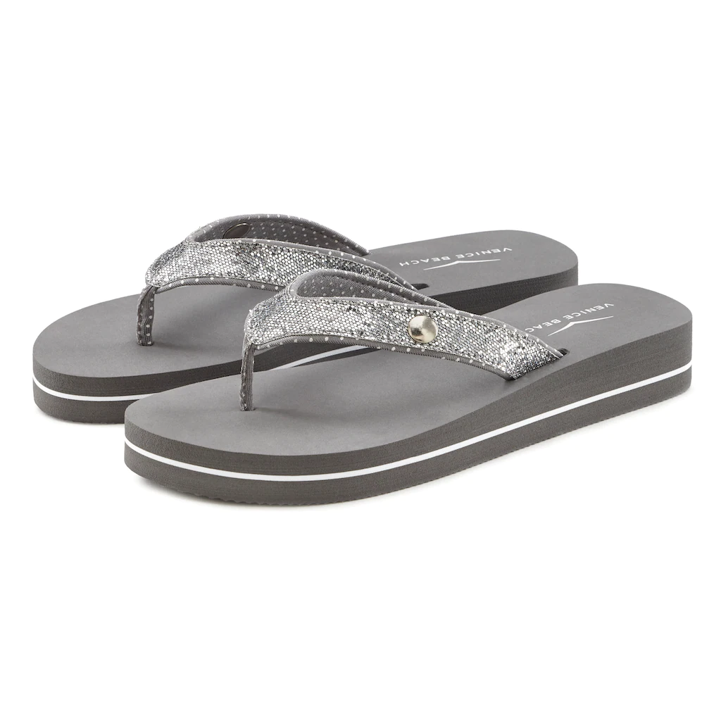 Venice Beach Badezehentrenner Sandale Pantolette Badeschuh ultraleicht mit Glitzerband VEGAN Kostenlose Rückgabe