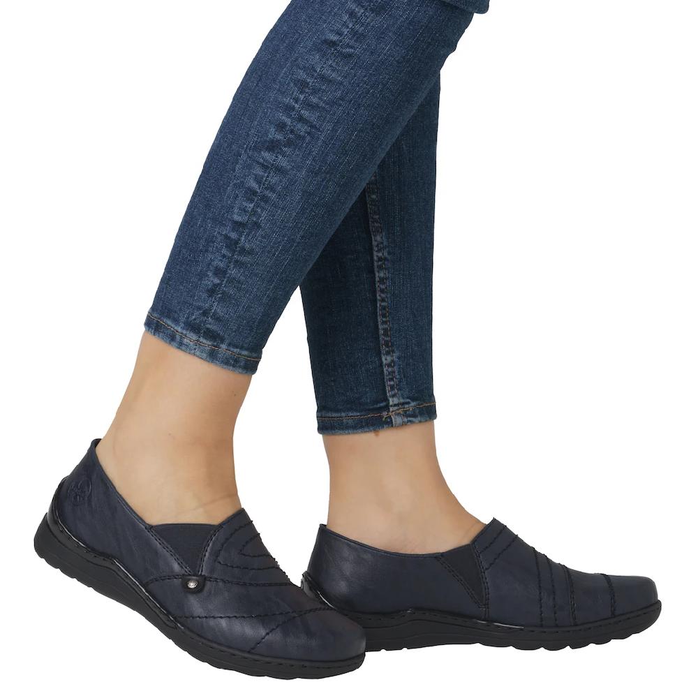 Rieker Slipper Schlupfschuh Halbschuh Slip on mit Stretcheinsatz und Ziersteppung kaufen Online