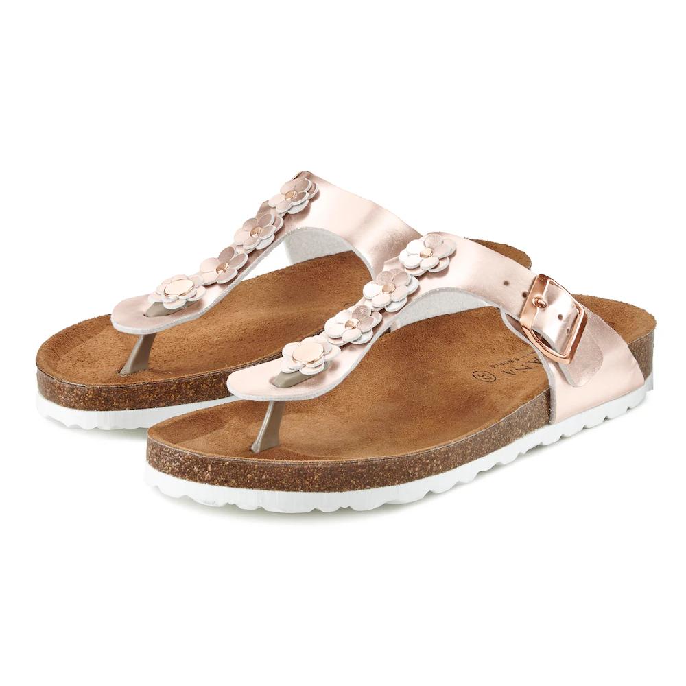 LASCANA Zehentrenner Sandale Pantolette mit modischer Applikation und Korkfußbett ▷ für Letzte 3 Tage